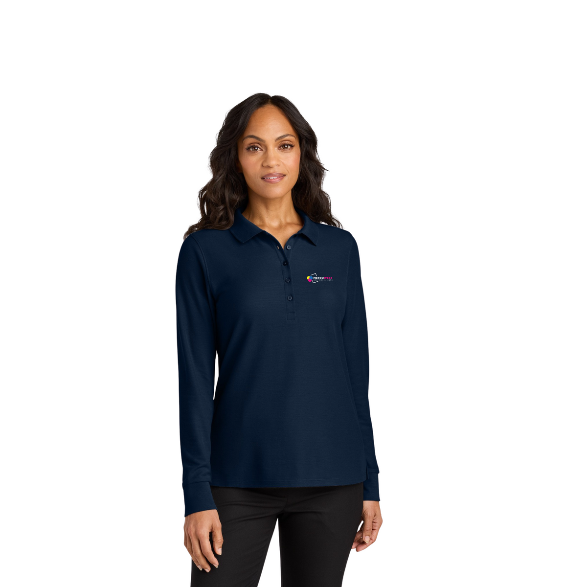 Women's long sleeve pique polo printed on the front and back
