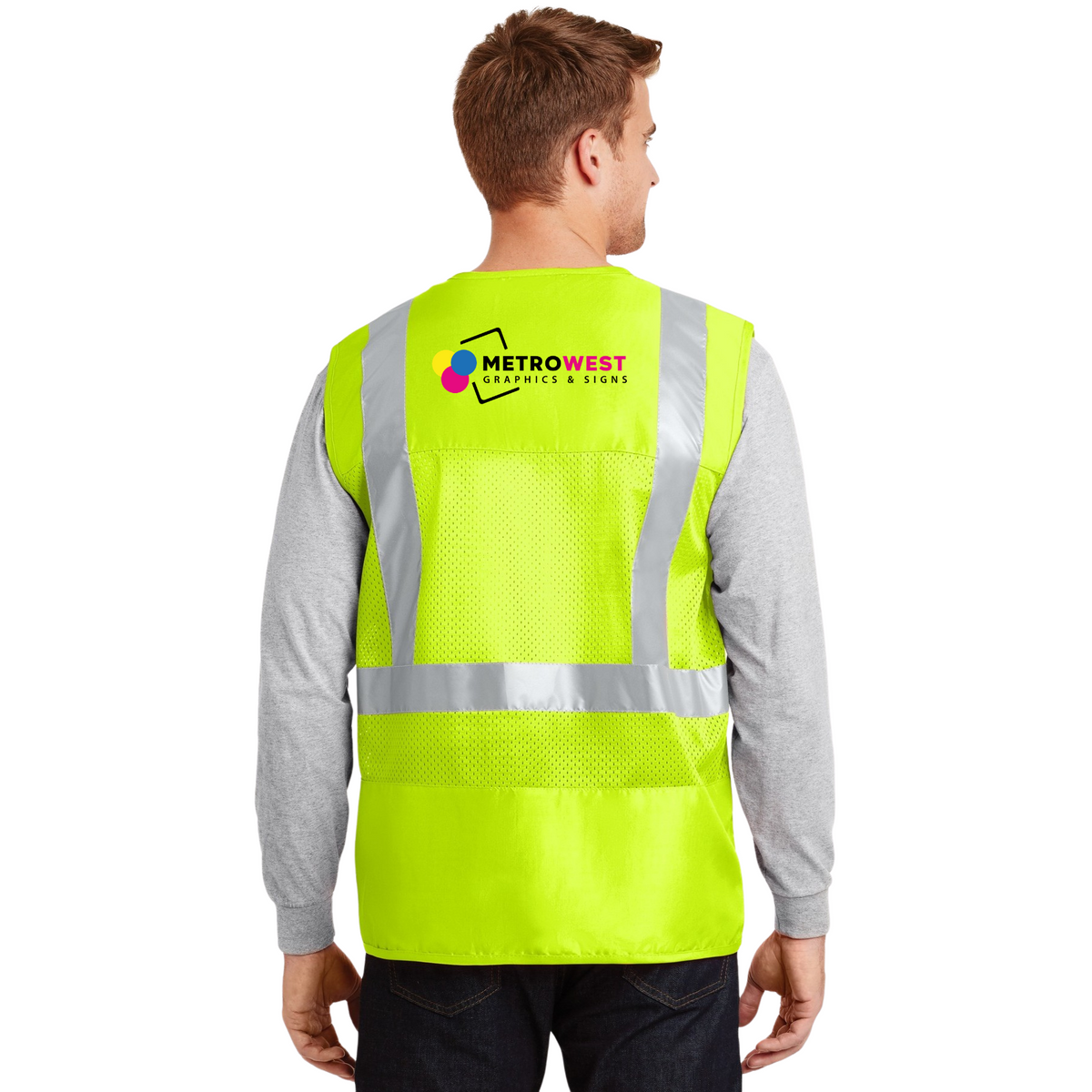 ANSI Class 2 mesh back safety vest with printed logo on the chest