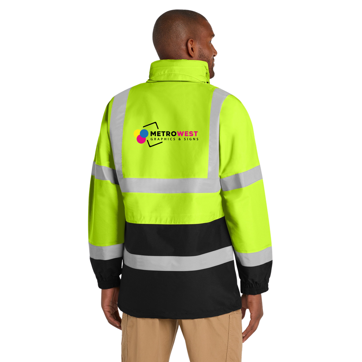 ANSI Class 3 waterproof safety parka with printed logo on the chest