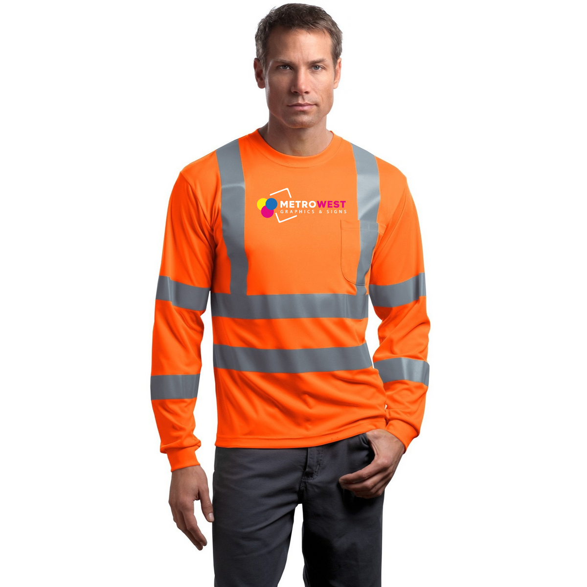 ANSI Class 3 reflective long sleeve safety shirt printed on the chest and sleeves