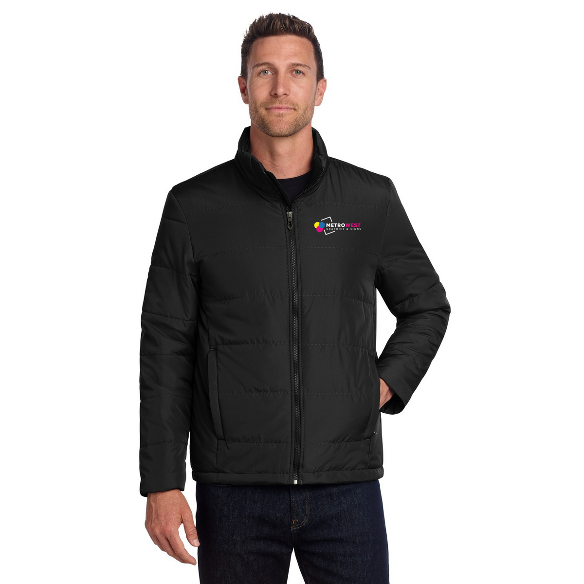 Puffer jacket printed on the chest and sleeves