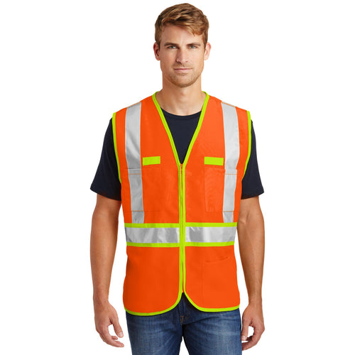 ANSI Class 2 dual-color safety vest with printed logo on the chest