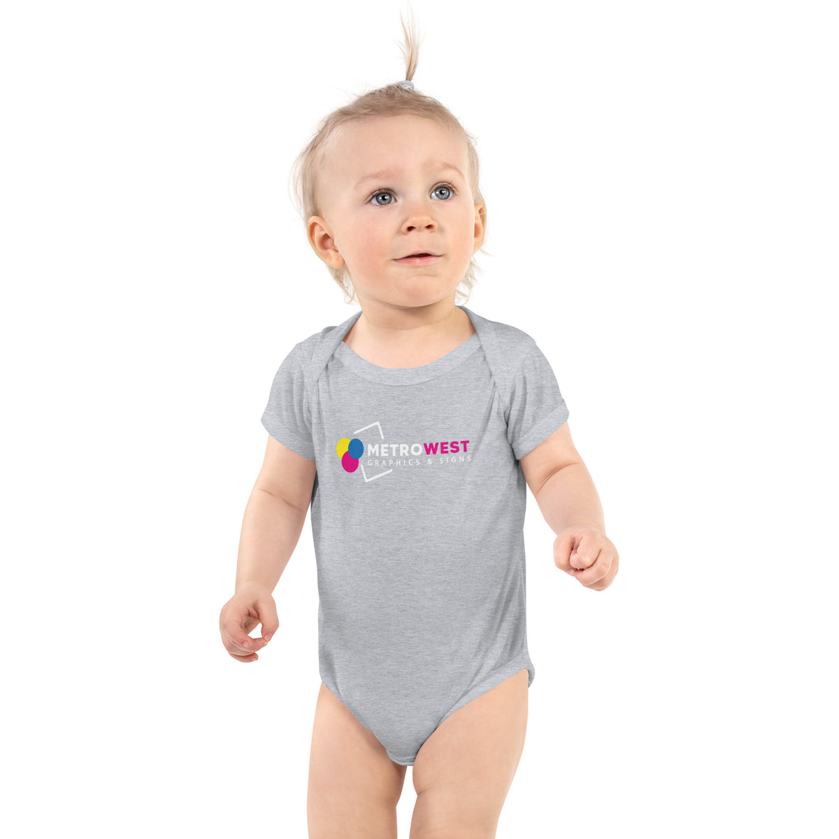 Baby short sleeve bodysuit with printed design on the front