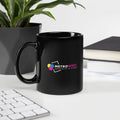 Black glossy ceramic mug with custom printed logo
