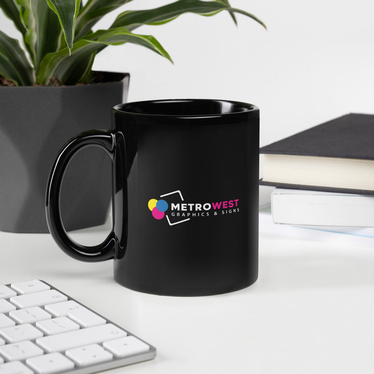 Black glossy ceramic mug with custom printed logo
