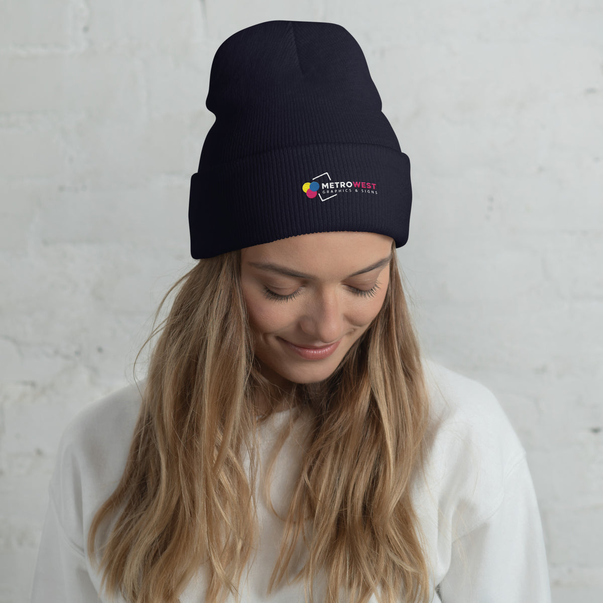 Embroidered knit beanie for company merch, view 3