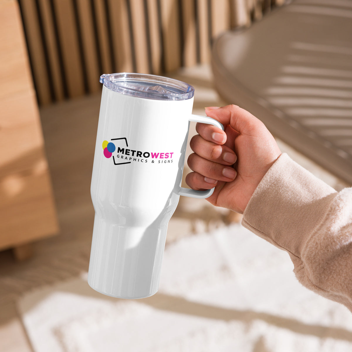 Travel mug with handle and custom printed logo