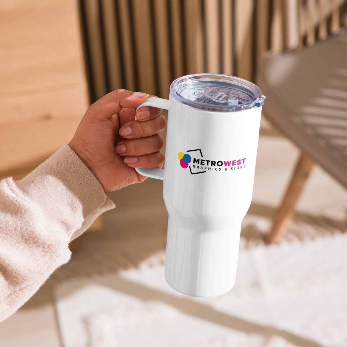 Custom printed travel mug with handle, view 2