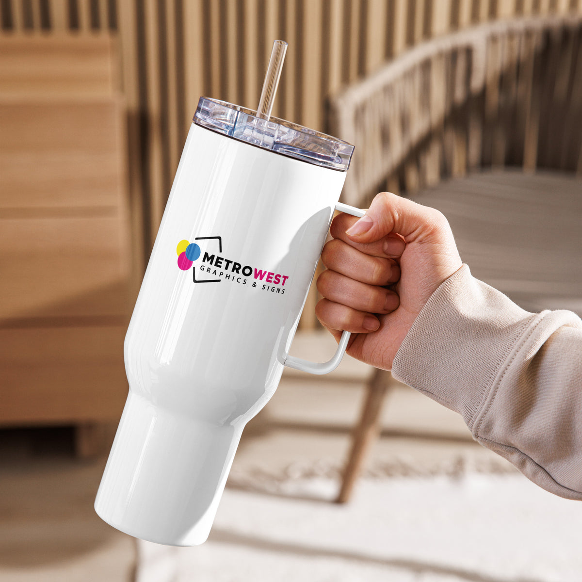 Custom printed travel mug with handle, view 3