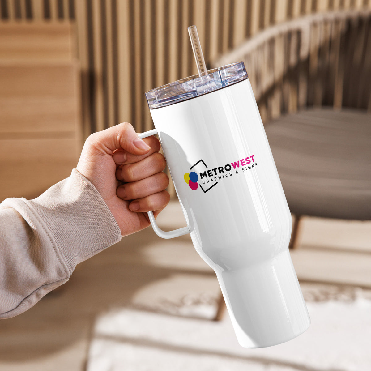 Custom printed travel mug with handle, view 4