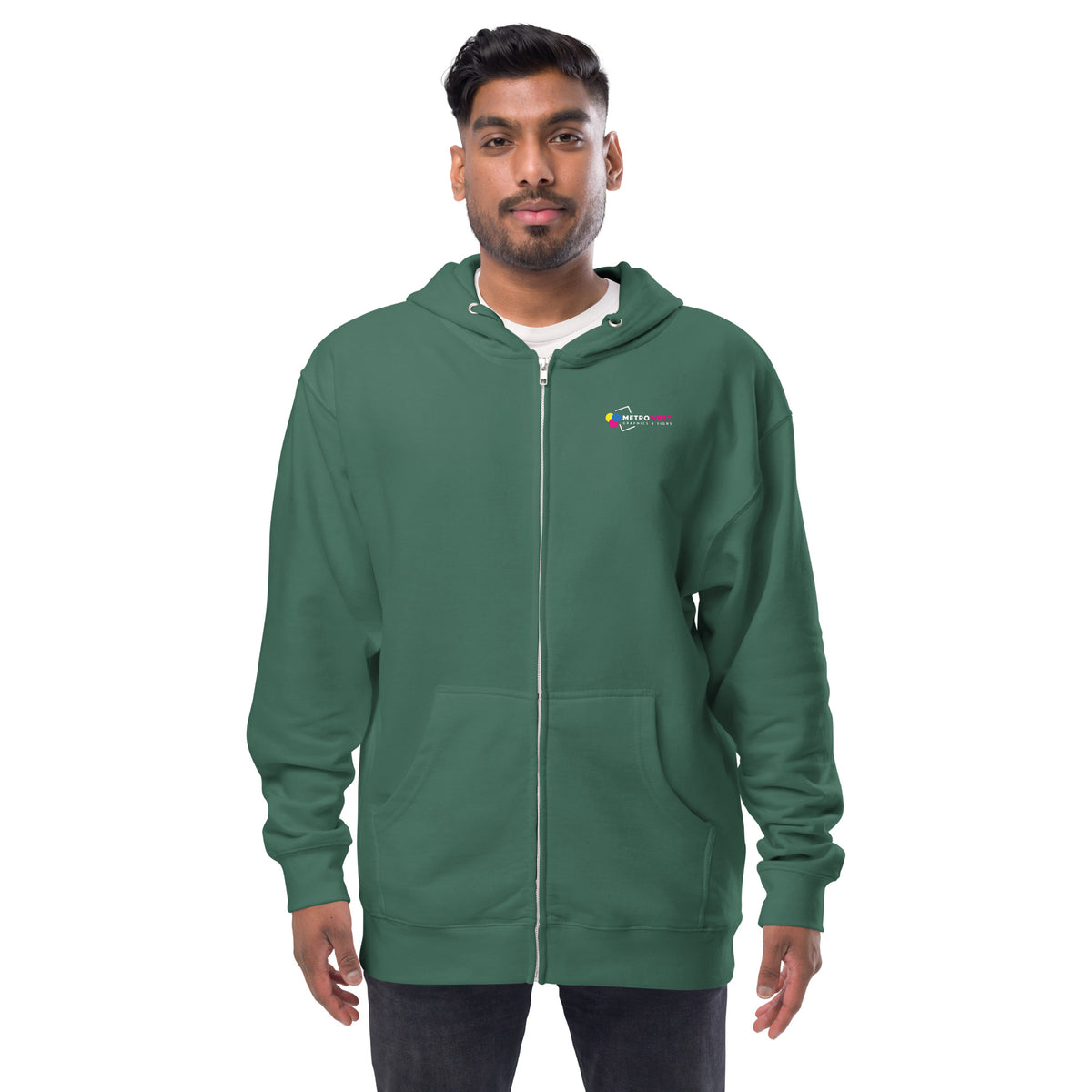 Unisex fleece zip-up hoodie with printed logo on the front