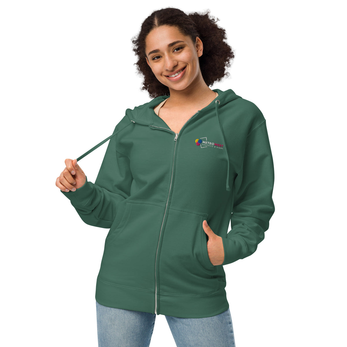 Unisex fleece zip-up hoodie with embroidered logo on the chest