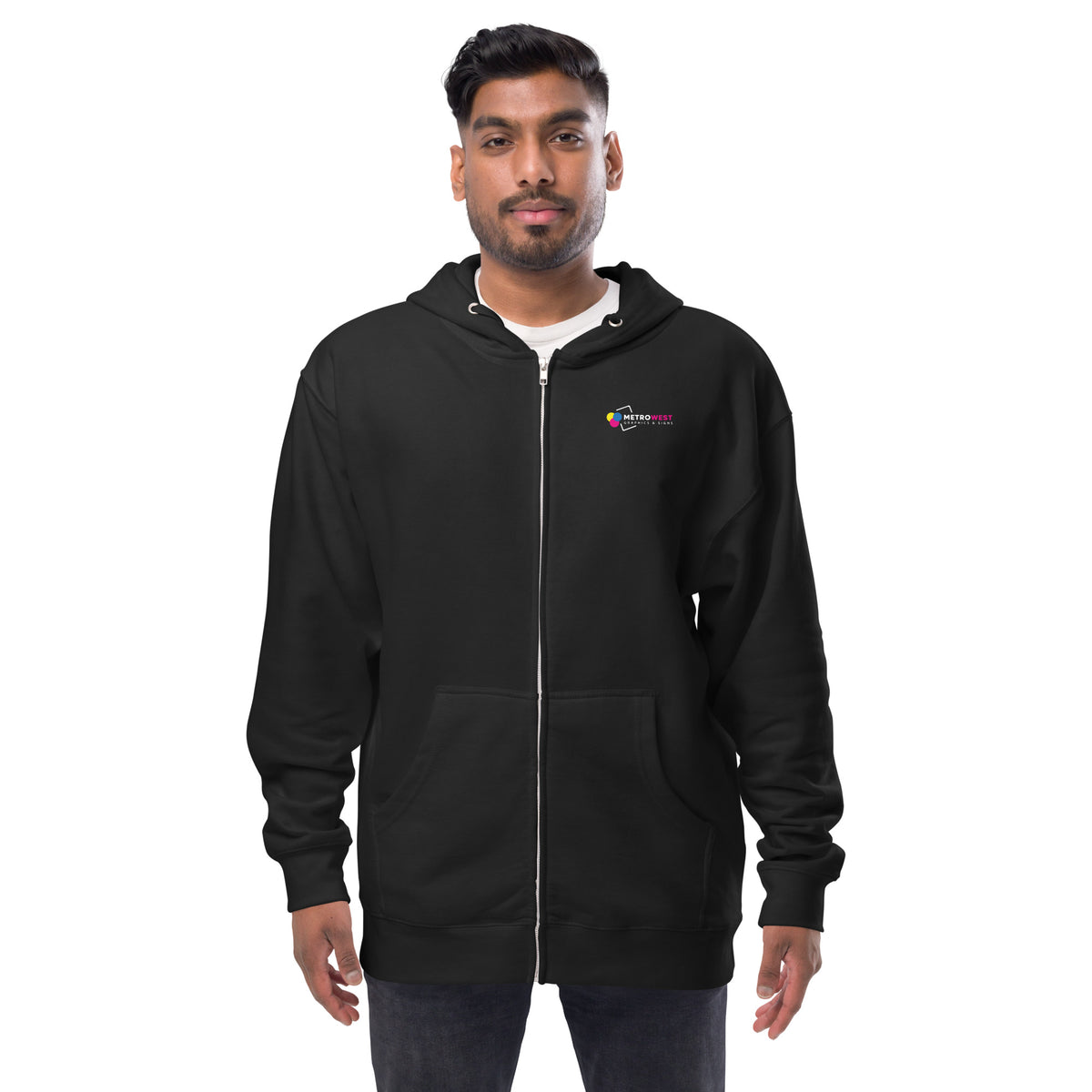 Unisex fleece zip-up hoodie printed on the front and back