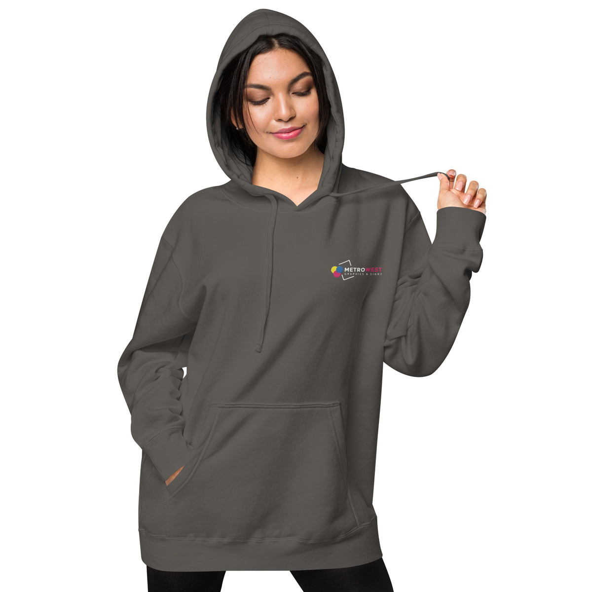 Pigment-dyed hoodie with embroidered company logo on the chest