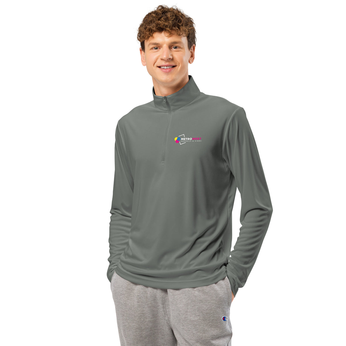Unisex quarter-zip pullover with printed logo on the front